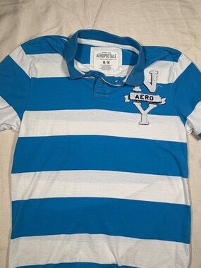 Aeropostale Blue and White Striped Polo with NY Aero Patch